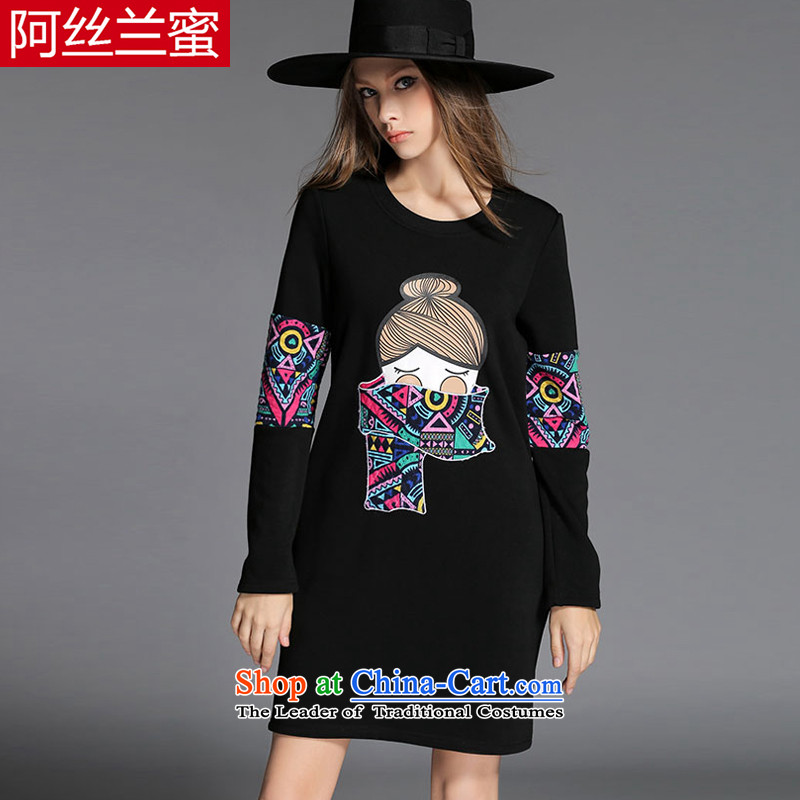 A large number of honey yucca female thick mm video thin winter clothing cartoon stamp thick plus lint-free Sau San relaxd dress ZZ2151 3XL_150 black catty - 164 catties through_