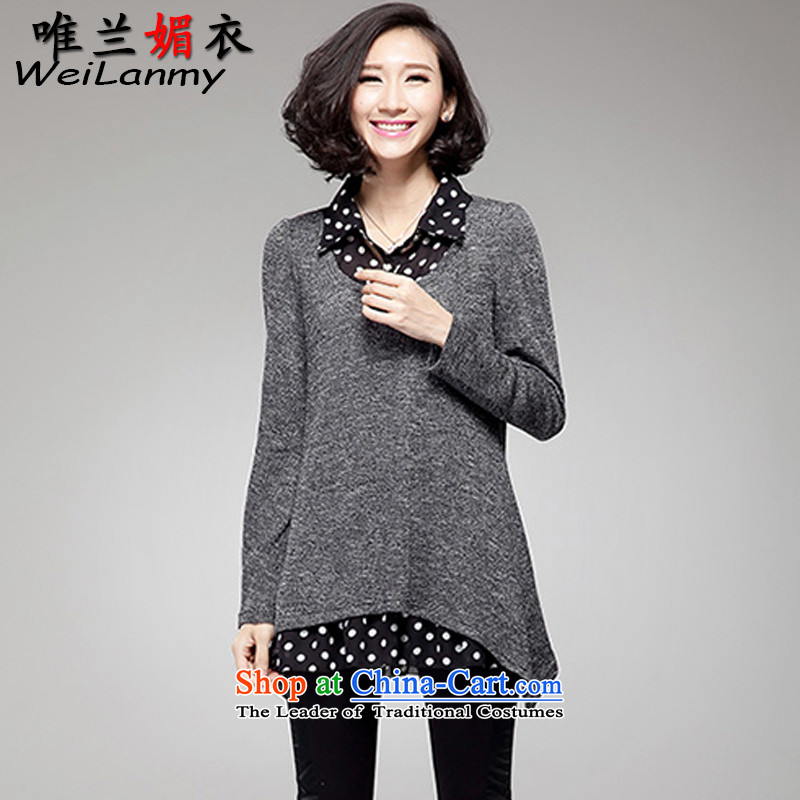 Cd-lan of Yi?2015 autumn and winter new large decorated in video thin female lapel leave two long-sleeved sweater knit wear shirts?6181?carbon?4XL
