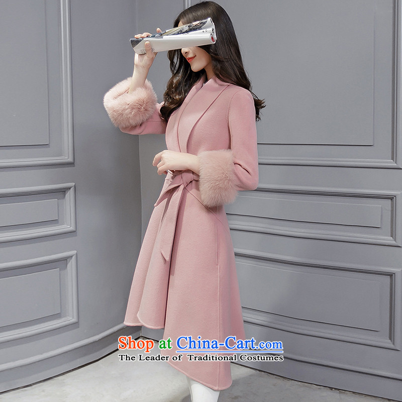 The temperament v-neck autumn and winter coats that? long hair? jacket pink  L