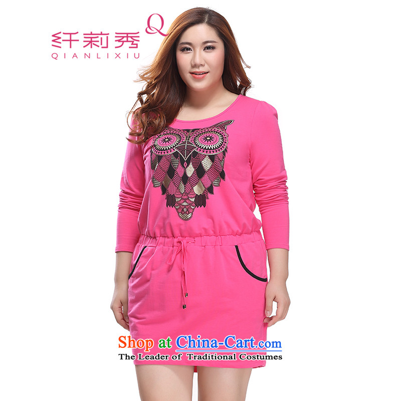 The former Yugoslavia Li Sau 2015 winter clothing new larger female round-neck collar owl watermark elastic waist leisure long-sleeved dresses in 1031 Red?2XL