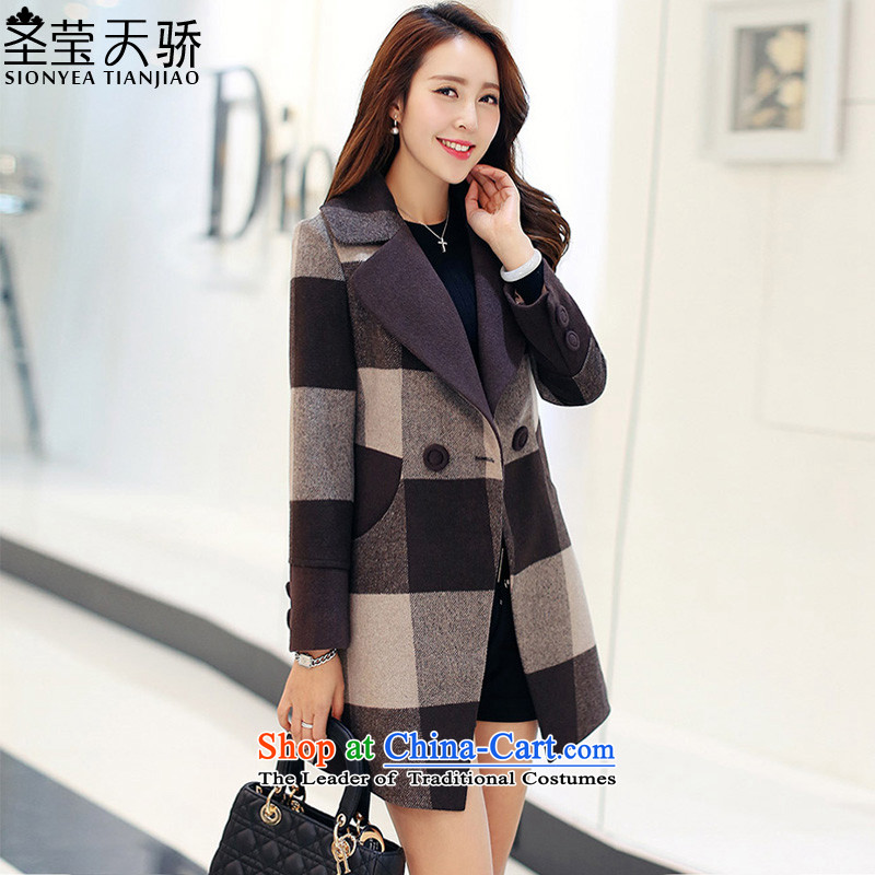 The holy day average 2015 Ying autumn and winter new women in Korean long hair? coats female latticed S740 coffee-colored gridXL