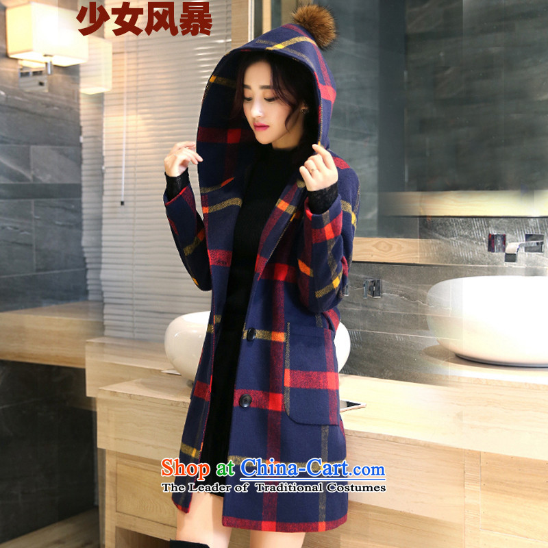 2015 Autumn and Winter Storm girls_ grid gross girls coat? Long Korean Sau San with cap? coats latticed cloth red and yellow color of theXL