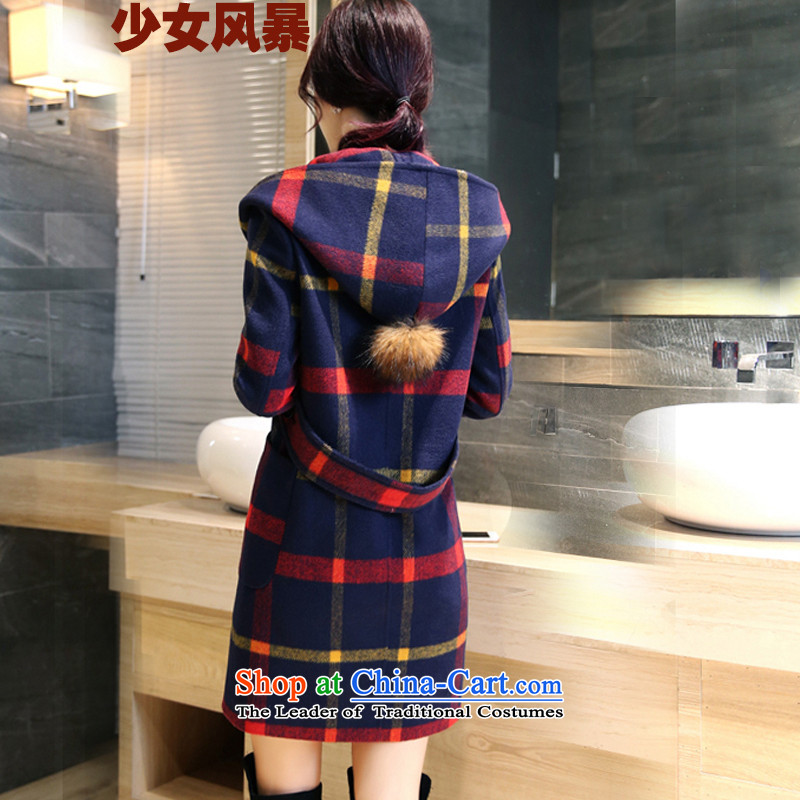 2015 Autumn and Winter Storm girls) grid gross girls coat? Long Korean Sau San with cap? coats latticed cloth red and yellow color of the XL, girls storms (shaonvfengbao) , , , shopping on the Internet