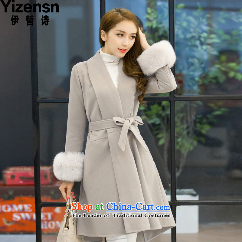El-chul _yizensn poem_ version 2015 Winter Olympics Korea new temperament v-neck autumn and winter coats that? long hair? jacket y70398 Sau San gray  S