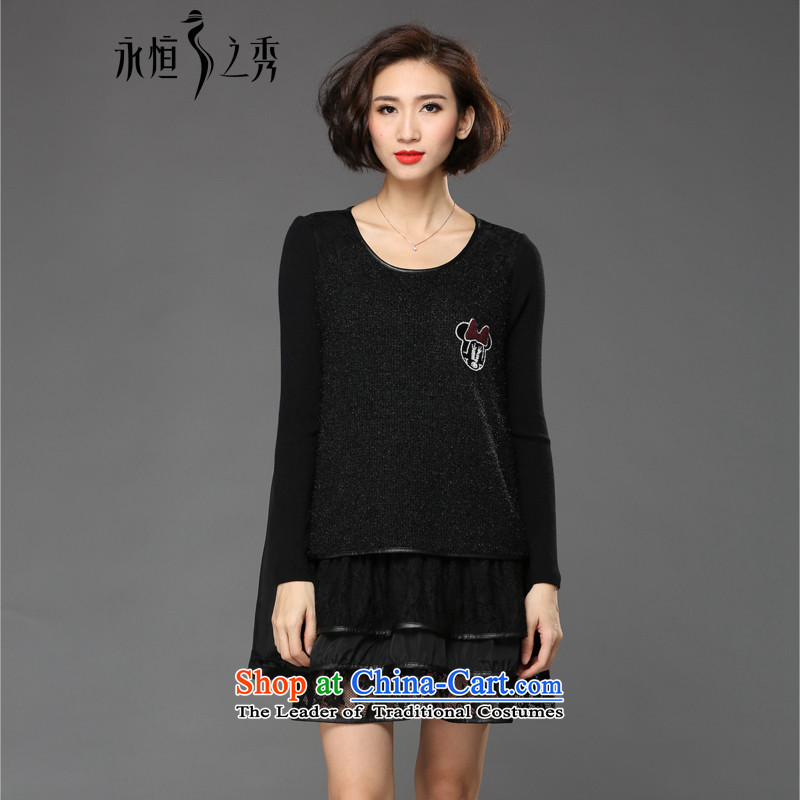 The Eternal Soo-winter dresses to increase women's code thick mm sister 2015 Fall_Winter Collections thick, Hin new thin lace skirt wear long-sleeved black?3XL knitting