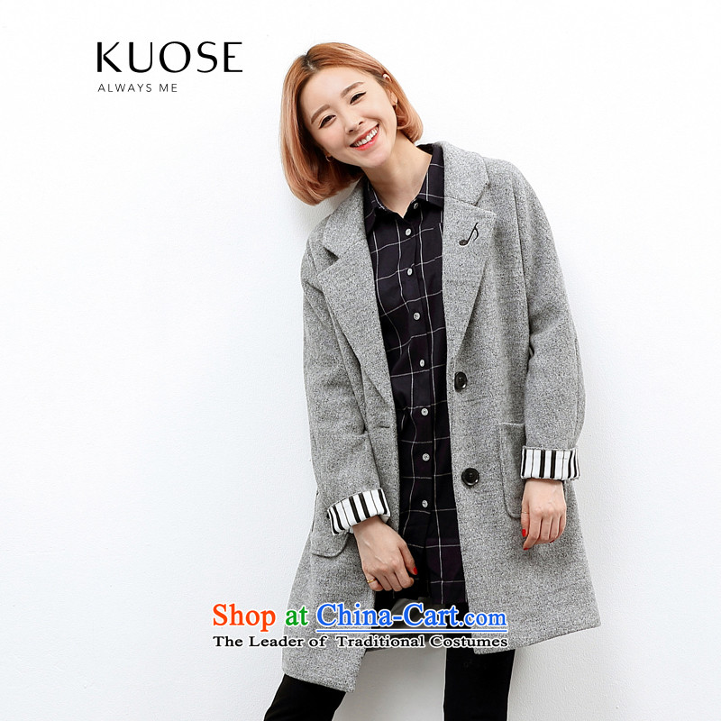 Wide Color Gamut 2015 autumn and winter new Korean female lapel embroidered wild in long thick hair? Jacket coat? piano key Gray?L