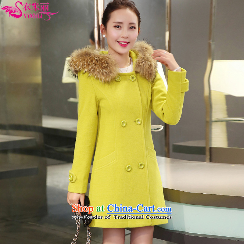 Yi Millies 2015 winter clothing new Korean gross collar cap Sau San a wool coat 340 Fluorescent Green?XXL