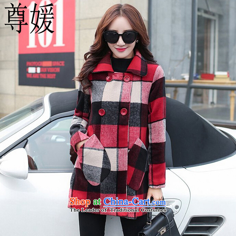 Extreme yuan by 2015 autumn and winter new Korean version of a wool coat, double-checked gross? female 6,526 red jacketXL