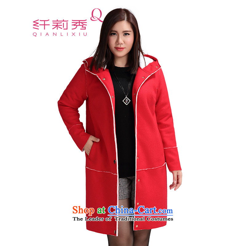 The former Yugoslavia Li Sau 2015 autumn and winter new larger female Korean version of Fat MM cap lapel emulation Lamb Wool warm coat of 1,182 gross? Red2XL
