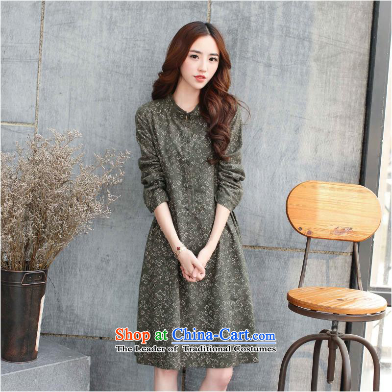 The autumn 2015 new products in the women's long cotton linen collar Foutune of long-sleeved Korean Sau San saika skirt long skirt FZ614 dark greenXL