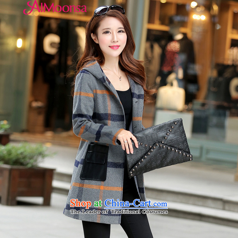 2015 Fall/Winter Collections aimoonsa new) long hair? jacket Female Cap Korean tartan coats of Sau San Women's gross coats gray cells l,aimoonsa,,,? Online Shopping