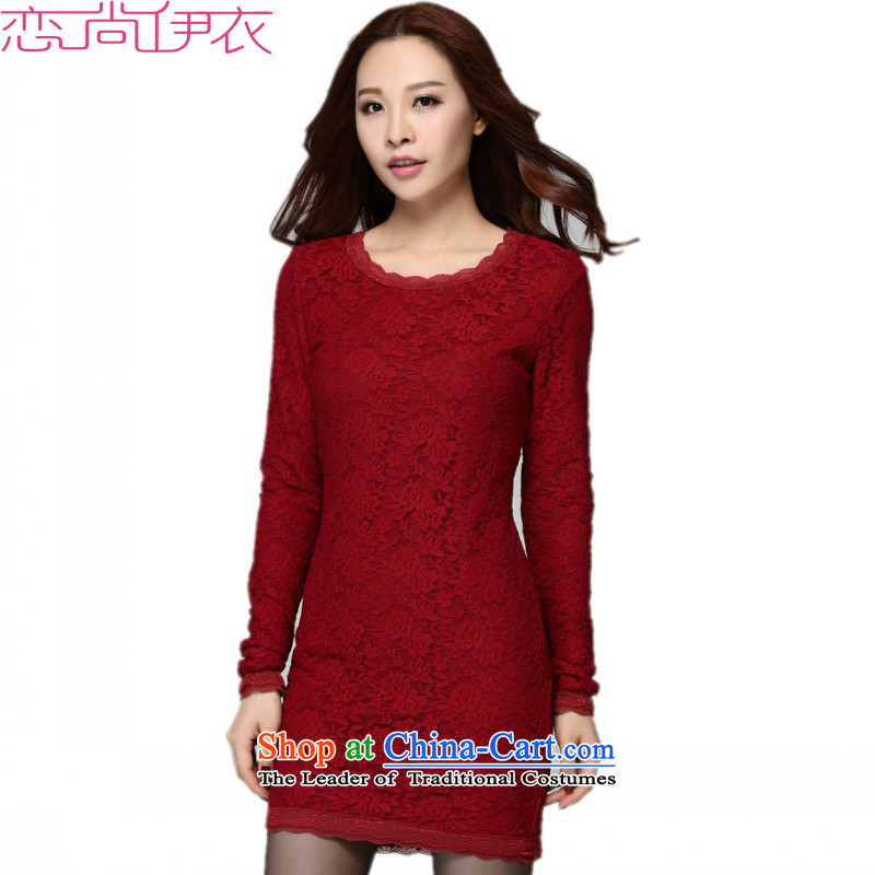 C.o.d. thick mm new products by 2015 Fall_Winter Collections Korean version thin xl lace round-neck collar in the long load lint-free Thick coated skirt package and wine red2XLapproximately 140-160 characters catty