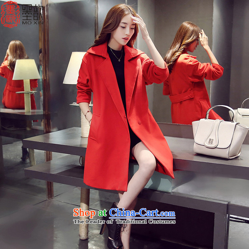 Ink  wool a wool coat women 2015 autumn and winter new Korean vogue thin Graphics   reverse collar in long hair? Wind Jacket clothes SZ46 RED?M