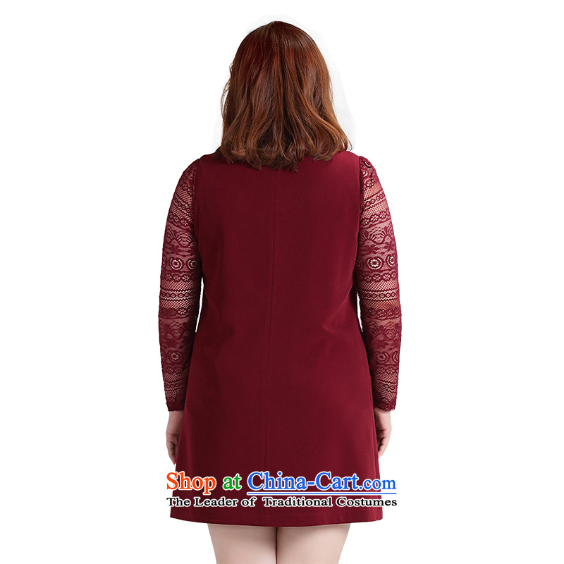 The former Yugoslavia Li Sau 2015 Fall/Winter Collections new larger female round-neck collar knocked dyed with lace stitching long-sleeved dresses, wine red 4XL, 1239 Li Sau-.... small shopping on the Internet