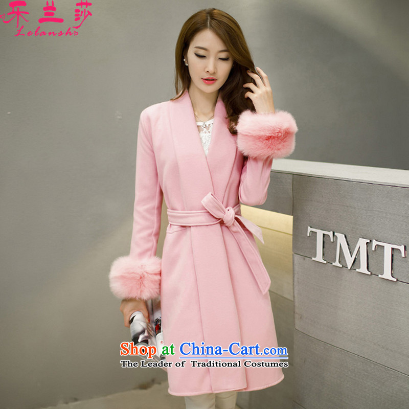 Alam Shah,?2015 New larger women's temperament v-neck in the autumn and winter coats that long hair?_ gross? female jacket Sau San pink?M