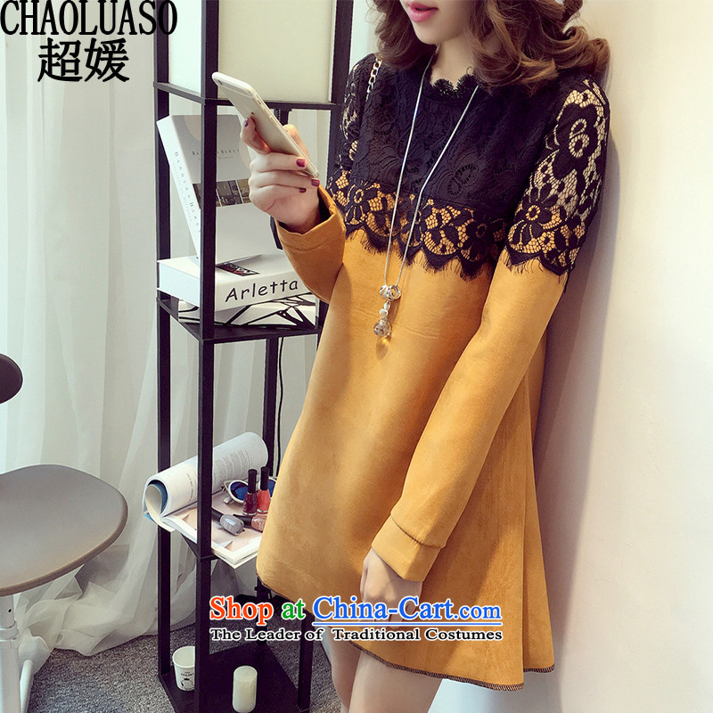 Ultra 2015 yuan for larger female lace stitching to intensify the thick mm winter clothing a long-sleeved gross? dresses CY338 Yellow 1 XXL