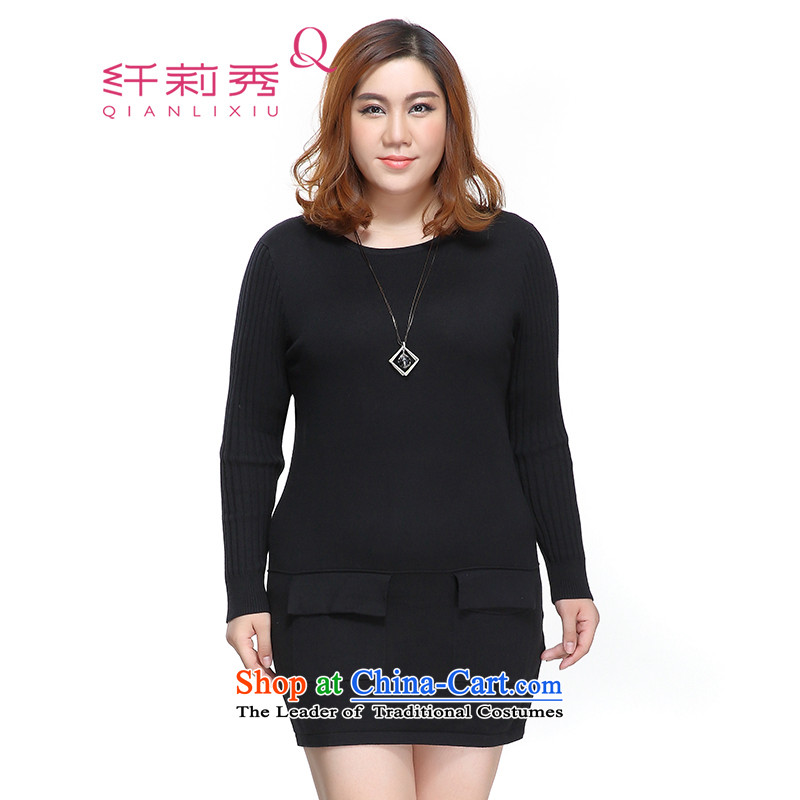 The former Yugoslavia Li Sau 2015 Fall_Winter Collections new larger female thick MM round-neck collar ribbed stitching long-sleeved Pullover knitwear dresses?5XL 0607 Black