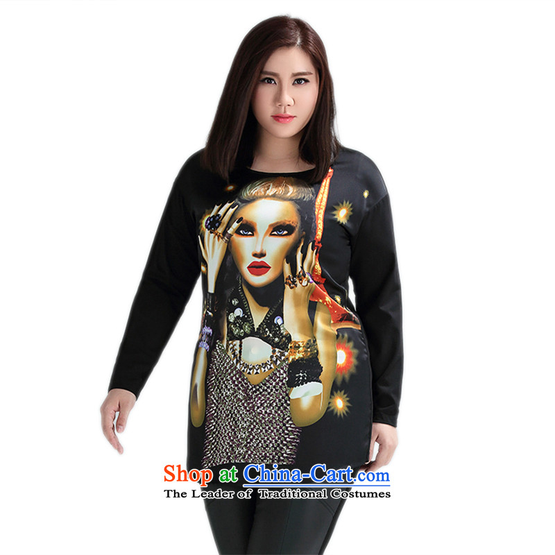 The former Yugoslavia Li Sau 2015 Fall/Winter Collections new larger female round-neck collar stamp straight type long long-sleeved T-shirt, black 2XL, 0759 women in the former Yugoslavia Li Sau-shopping on the Internet has been pressed.