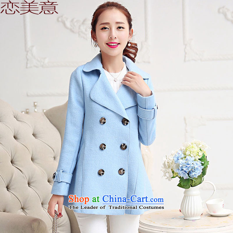 Land intended for?autumn and winter 2015 new Korean large relaxd a reverse collar double-jacket coat? female gross light blue?L