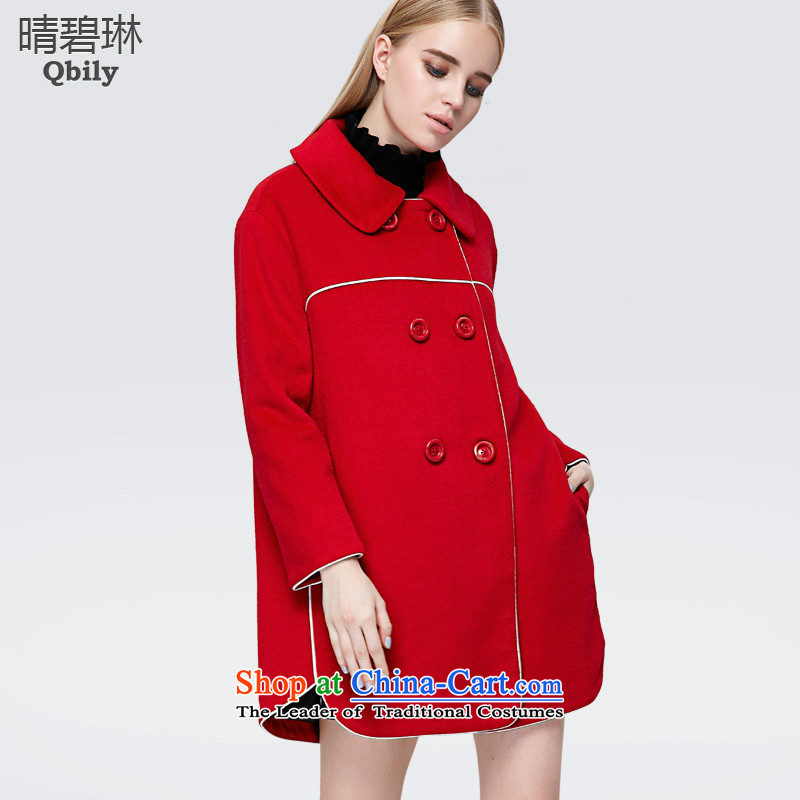 Sunny Pik Lam 2015 autumn and winter new products female lapel Lok shoulder long-sleeved double-in long wool coat RED M?