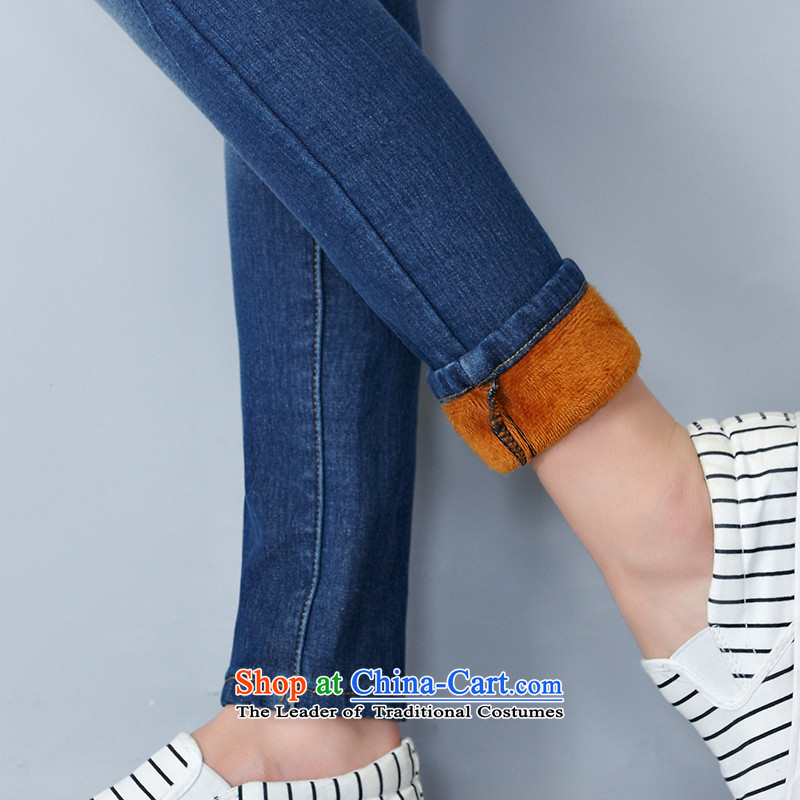 Larger ladies pants autumn and winter, thick mm thick jeans stretch the lint-free elastic waist plus blue woolen pants , L, Arabic Yue , , , shopping on the Internet