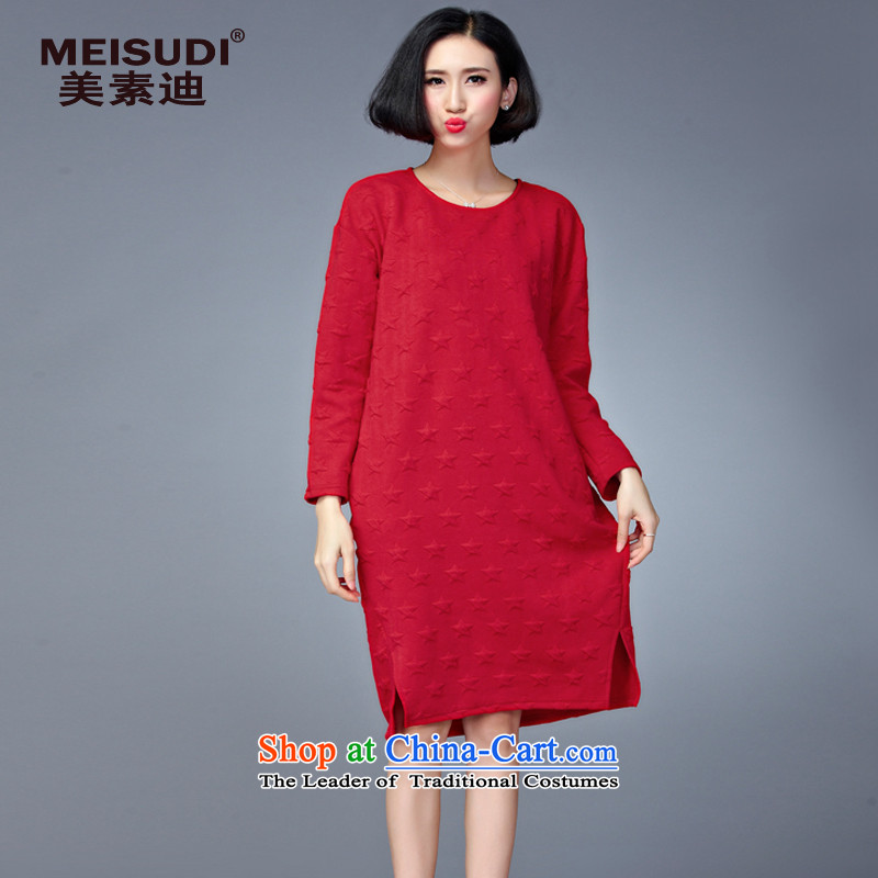 The Korean version of large numbers MEISUDI ladies casual wear cotton folder warm in the establishment of a liberal long thin thick mm modern graphics wild long-sleeved dresses red are code _loose_