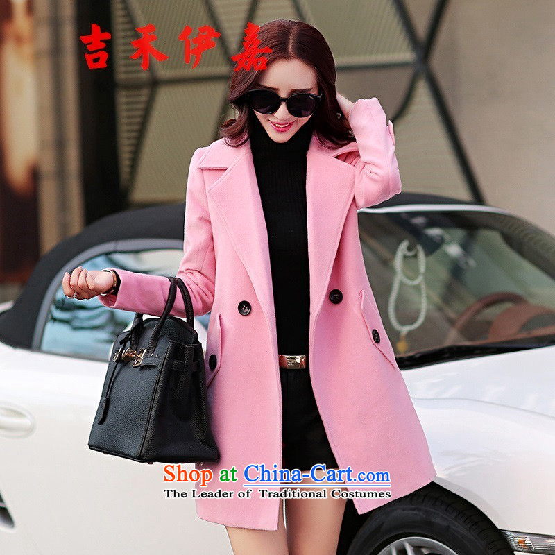Gil Wo Ika red jacket girl in gross? Long autumn 2015 new lapel cashmere overcoat Sau San female pure color woolen coat pink M Gil Wo Ika shopping on the Internet has been pressed.