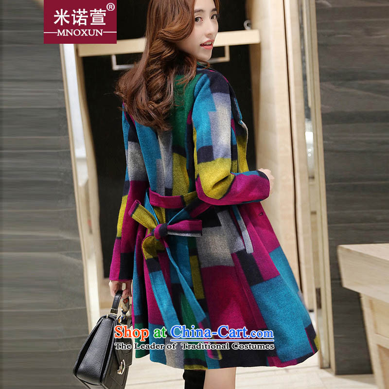 Mineau Xuan #2015 autumn and winter new Korean long hit in the Sau San color coats K812 tartan sub-grid , L, M, Blue Xuan (MNOXUN) , , , shopping on the Internet