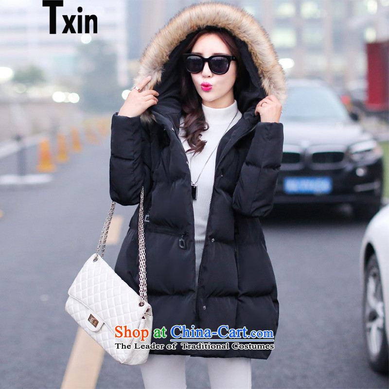 2015 new cotton txin larger female Korean winter cotton coat thick MM thin, stylish video Women's blouses gross collar cap reinforcement warm black robe XXXL 8248