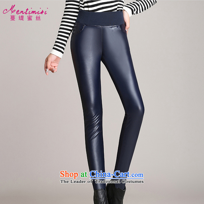 Overgrown Tomb economy honey silk extra female body graphics thin pencil decorated trousers autumn and winter new add-thick pu trousers 8512 Royal Blue large 3XL