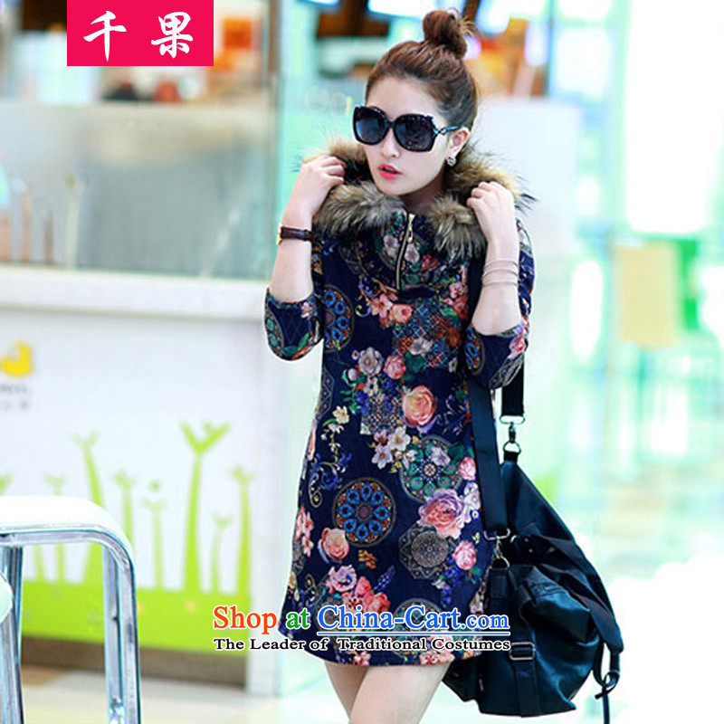 Thousands of fruit thick mm fall/winter collections to increase women's code. Long-plus-thick sweater stamp graphics thin 200 catties jacket thick coat 8823 Antique Flower sister blue 4XL, QIANGUO fruit (thousands) , , , shopping on the Internet