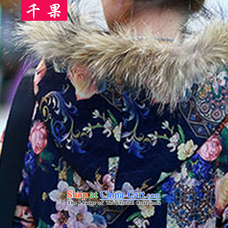 Thousands of fruit thick mm fall/winter collections to increase women's code. Long-plus-thick sweater stamp graphics thin 200 catties jacket thick coat 8823 Antique Flower sister blue 4XL, QIANGUO fruit (thousands) , , , shopping on the Internet