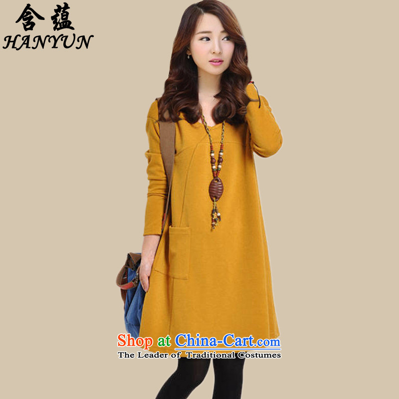 To 2015 autumn and winter with the new version on the new Korean female thick mm larger long-sleeved relaxd casual dress temperament video thin skirts yellow plus lint-free thick L, included (HANYUN) , , , shopping on the Internet