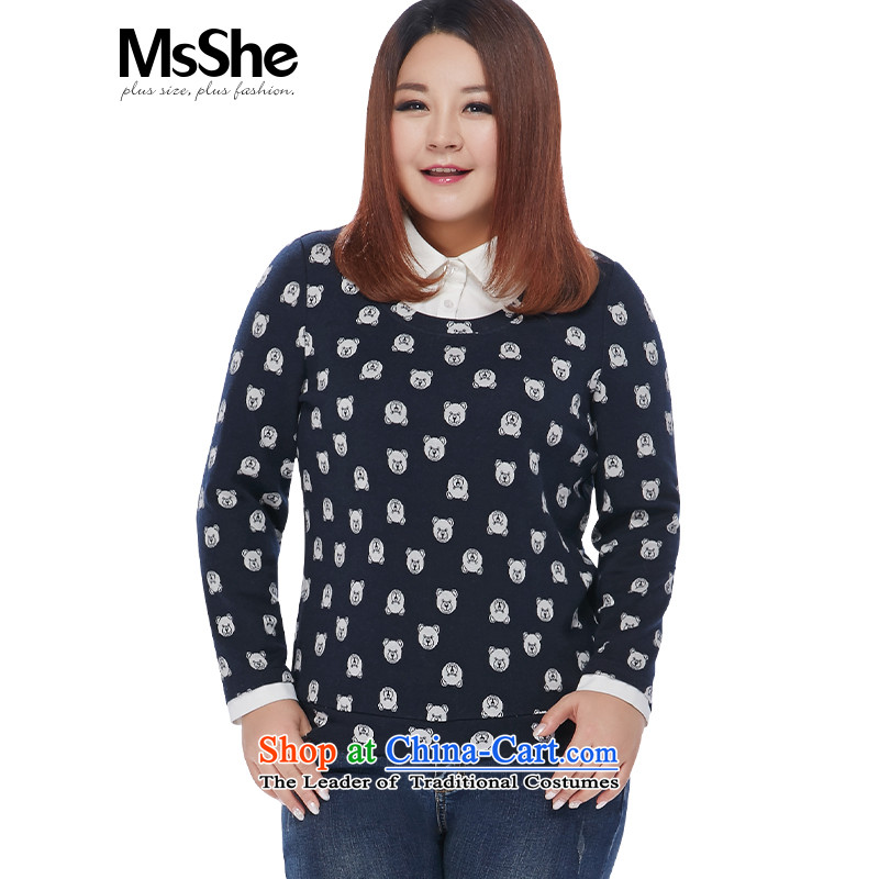 Large msshe women 2015 new winter clothing thick MM stitching shirt collar stamp leave two T-shirts are thick a whole has placed 10 978 blue white flowers3XL
