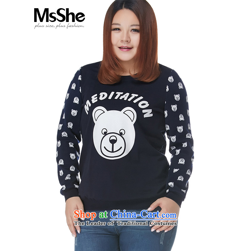 The fertilizer significantly msshe code women 2015 new winter clothing thick MM cartoon stamp round-neck collar sweater l0,9855XL blue