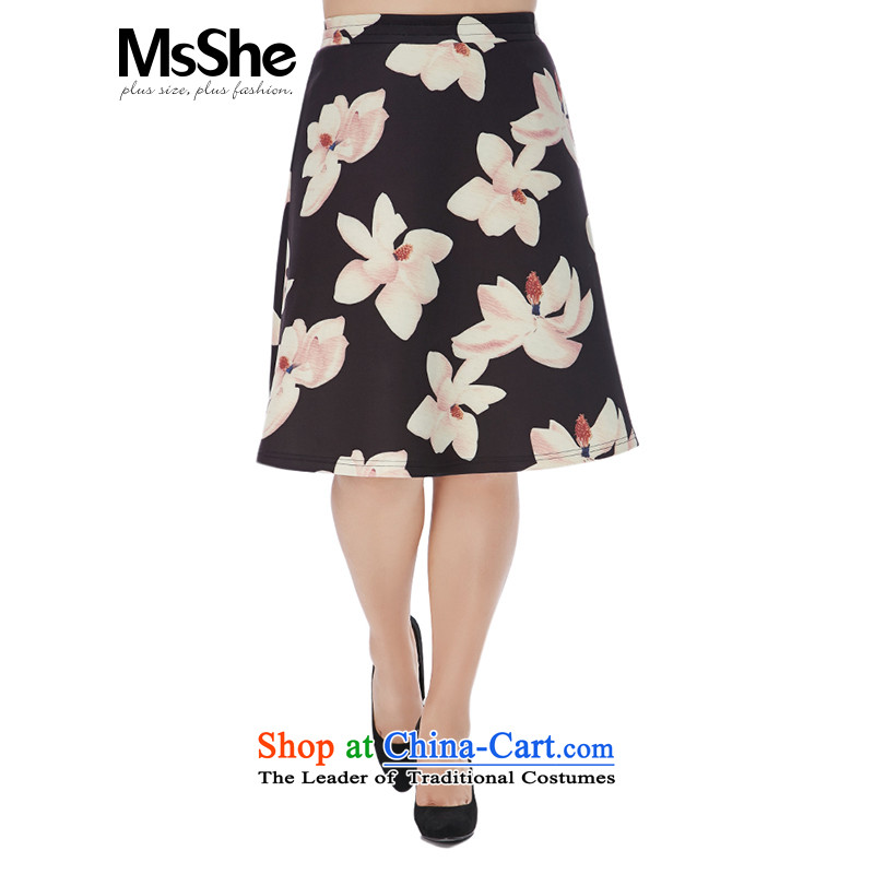 Msshe xl women 2015 new winter clothing thick MM romantic stamp elastic band waist body petticoat skirt 10955 black on white flower?T3