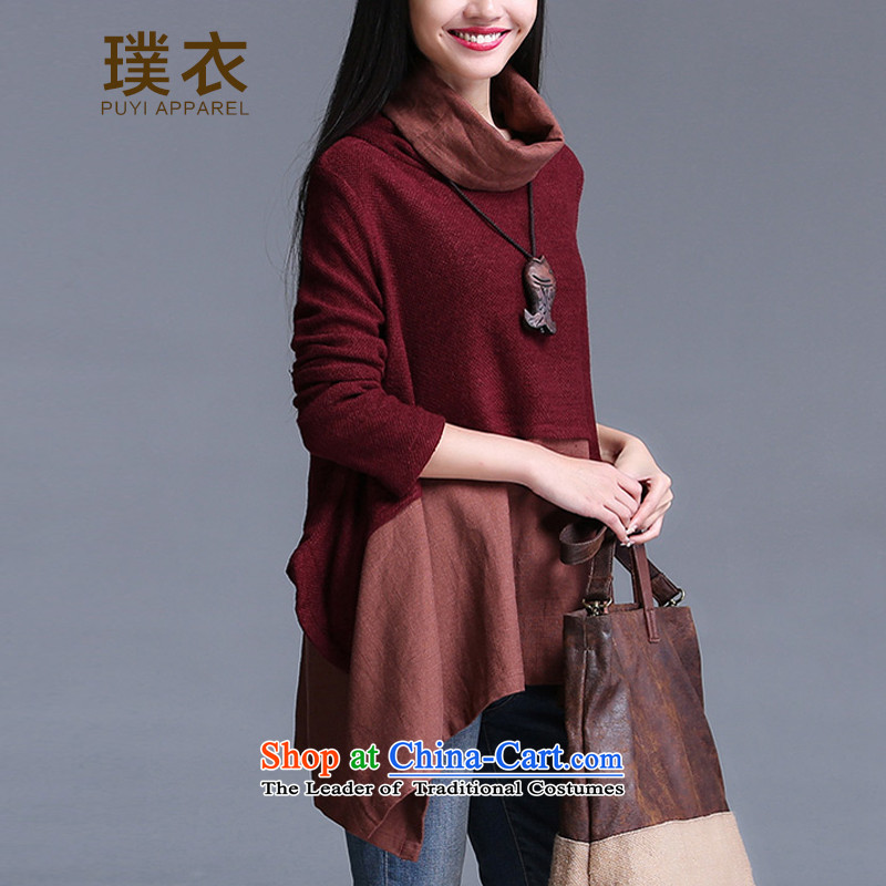 Equipment for autumn and winter clothing new stylish stitching sweater loose cotton linen, forming the high collar shirt female equilateral COAT 6102 XL, wine red equipment Yi (PUYI APPAREL) , , , shopping on the Internet