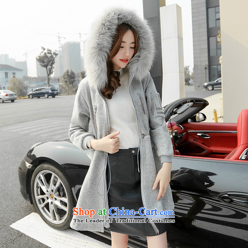 Sin has 2015 winter new Korean girl in gross? jacket long Sau San Nagymaros collar cap a wool coat gray        M