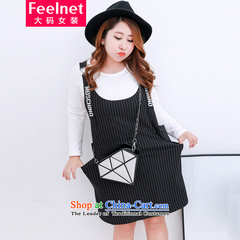 ?Thick mm to feelnet xl female Korean version thin two kits dresses streaks strap skirt larger Package?C13?Black?3XL code