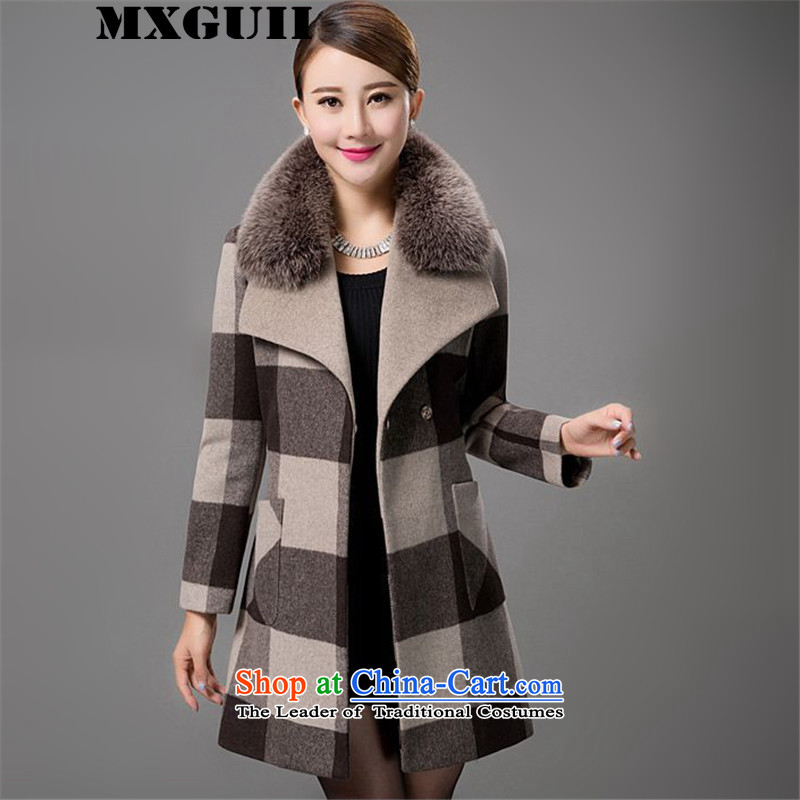 The fox gross collar cashmere MXGUII coats girl in 2015 winter new long wool sweater latticed Sau San?? coats female gray hair and coffee,?XL