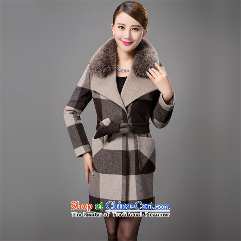 The fox gross collar cashmere MXGUII coats girl in 2015 winter new long wool sweater latticed Sau San?? coats female gray hair and coffee, XL,MXGUII,,, shopping on the Internet