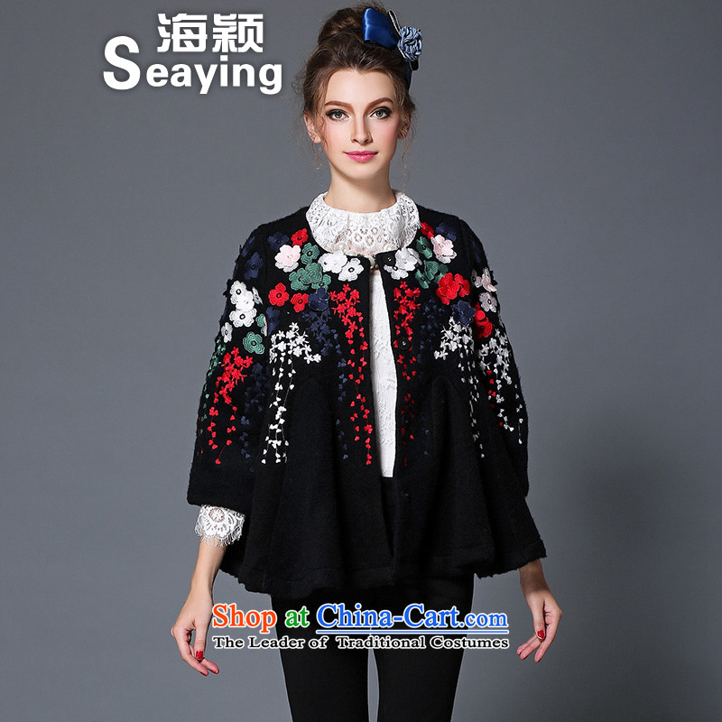 2015 Autumn and winter sea from the new Europe and high-end graphics thin coat embroidered retro loose single row detained wool coat female B1710W? Black?M