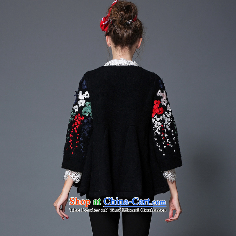 2015 Autumn and winter sea from the new Europe and high-end graphics thin coat embroidered retro loose single row detained wool coat female B1710W? Black Sea wing (seaying M) , , , shopping on the Internet