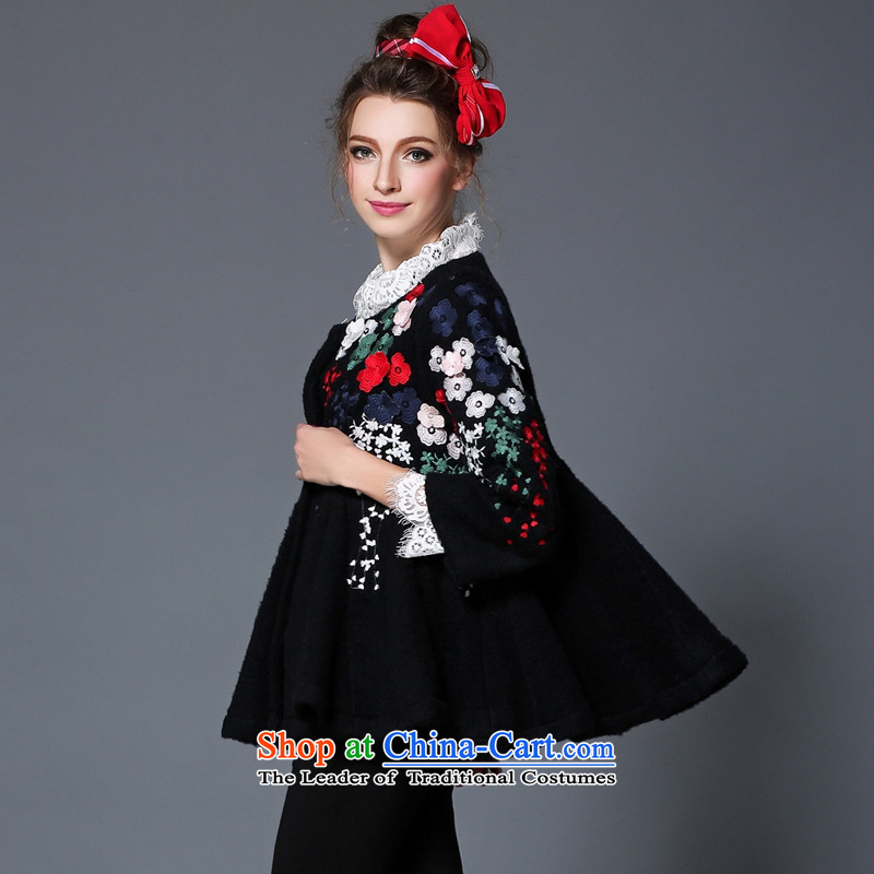 2015 Autumn and winter sea from the new Europe and high-end graphics thin coat embroidered retro loose single row detained wool coat female B1710W? Black Sea wing (seaying M) , , , shopping on the Internet
