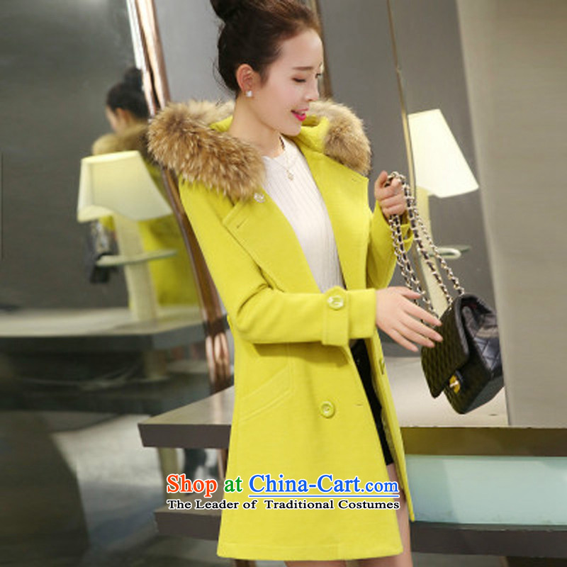 Sin has 2015 winter new Korean version of large numbers of ladies in gross? jacket long hair collar cap Sau San a wool coat Fluorescent Green plus cotton waffle  S sin has shopping on the Internet has been pressed.