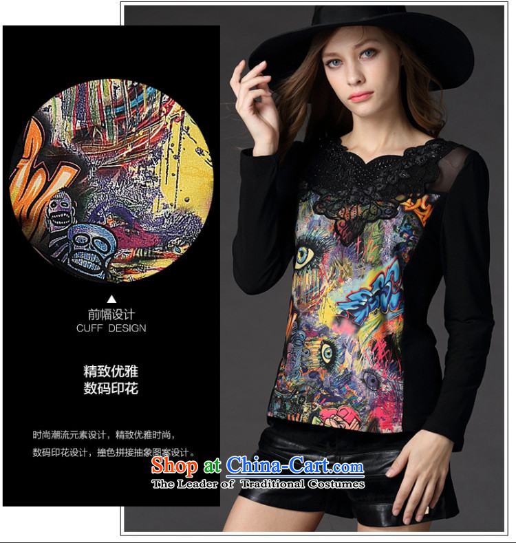 Be 2015 autumn and winter morning large decorated in European and American Girl Who video thin hook flower stitching fashionable individual graffiti ironing drill knocked colors plus black shirt 5XL( forming the lint-free recommendations 180-200 catties) Picture, prices, brand platters! The elections are supplied in the national character of distribution, so action, buy now enjoy more preferential! As soon as possible.