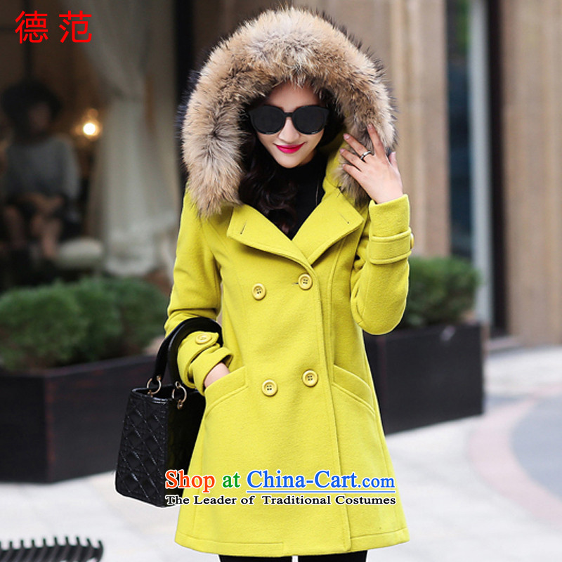 Van de? 2015 Fall_Winter Collections women new gross girls jacket? Long Sau San double-gross collar cap a wool coat female Fluorescent Green?M