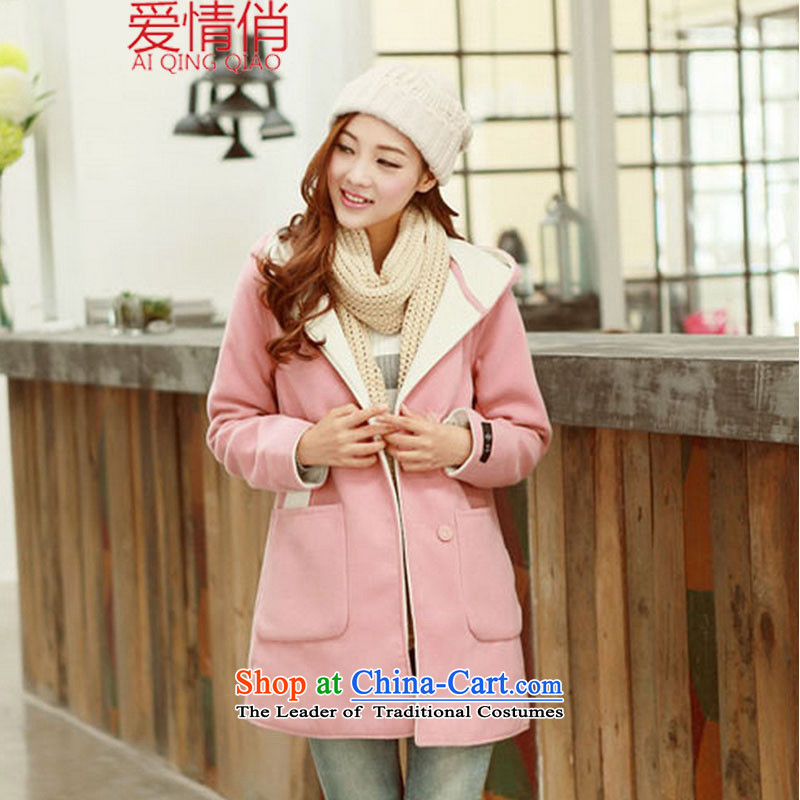 Love Is 2015 autumn and winter new stylish Korean version of pregnant women with a wool coat thick with cap _9030 jacket? pink XL