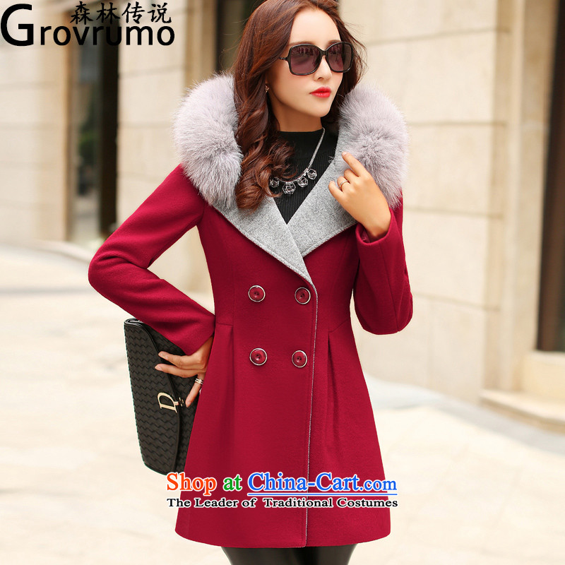 The legend of forests in gross? coats of autumn and winter 2015 new Korean tie cap a gross long-sleeved jacket? female gross cherry redL