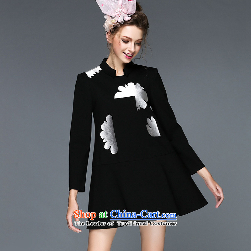 2015 Autumn and Winter Sea Ying new products at the European Code women temperament embroidery long-sleeved to intensify the Liberal Women's dresses Q109 4XL, Black Sea wing (seaying) , , , shopping on the Internet